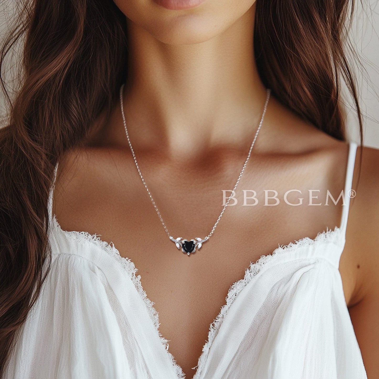 1.2CT Heart Cut Black Onyx Pendant Opal Branch Leaf Nature Inspired Necklace