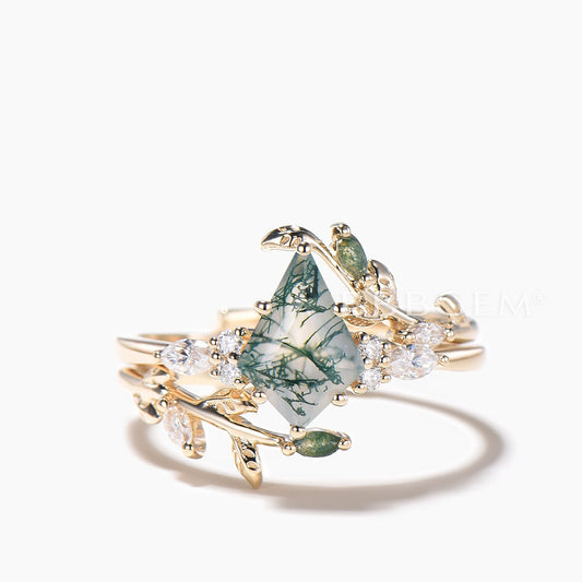 Twig Nature Inspired Ring Set Kite Cut Natural Moss Agate Leaf Wedding Bridal Set