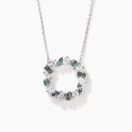 Mixed Cut Natural Moss Agate Moissanite Circle Pendant White Gold Necklace