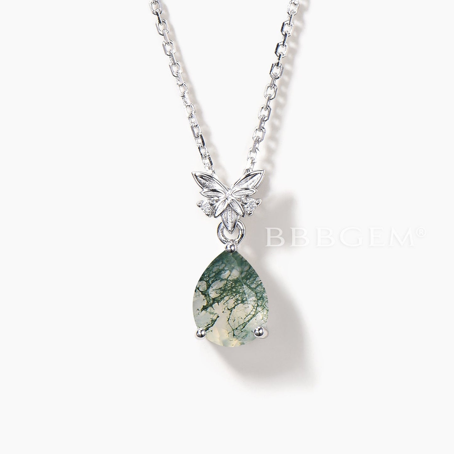 Pear Cut Natural Moss Agate Leaf Necklace Diamond Celtic Knot Three Stone Pendant