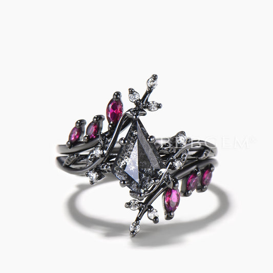 Nature Inspired Bridal Set Kite Cut Salt and Pepper Diamond Ring Ruby Twig Band