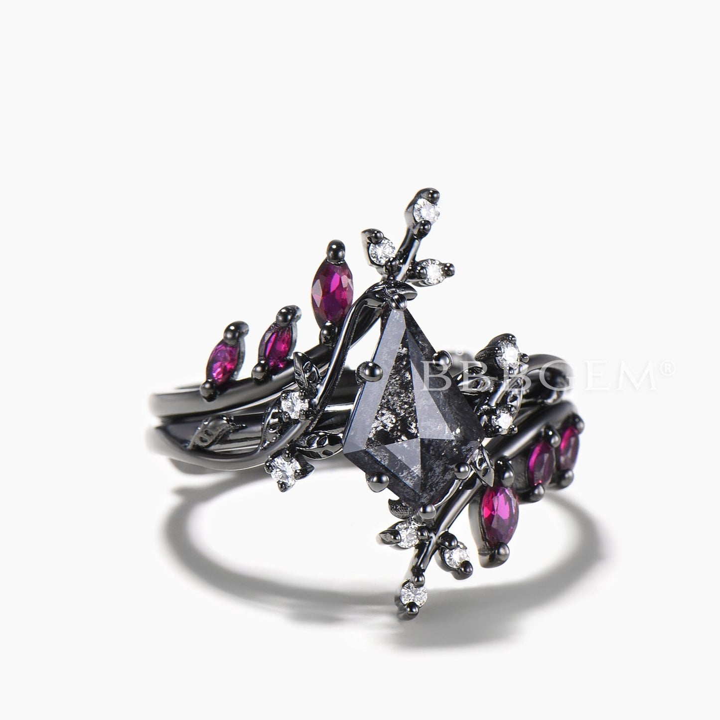 Nature Inspired Bridal Set Kite Cut Salt and Pepper Diamond Ring Ruby Twig Band