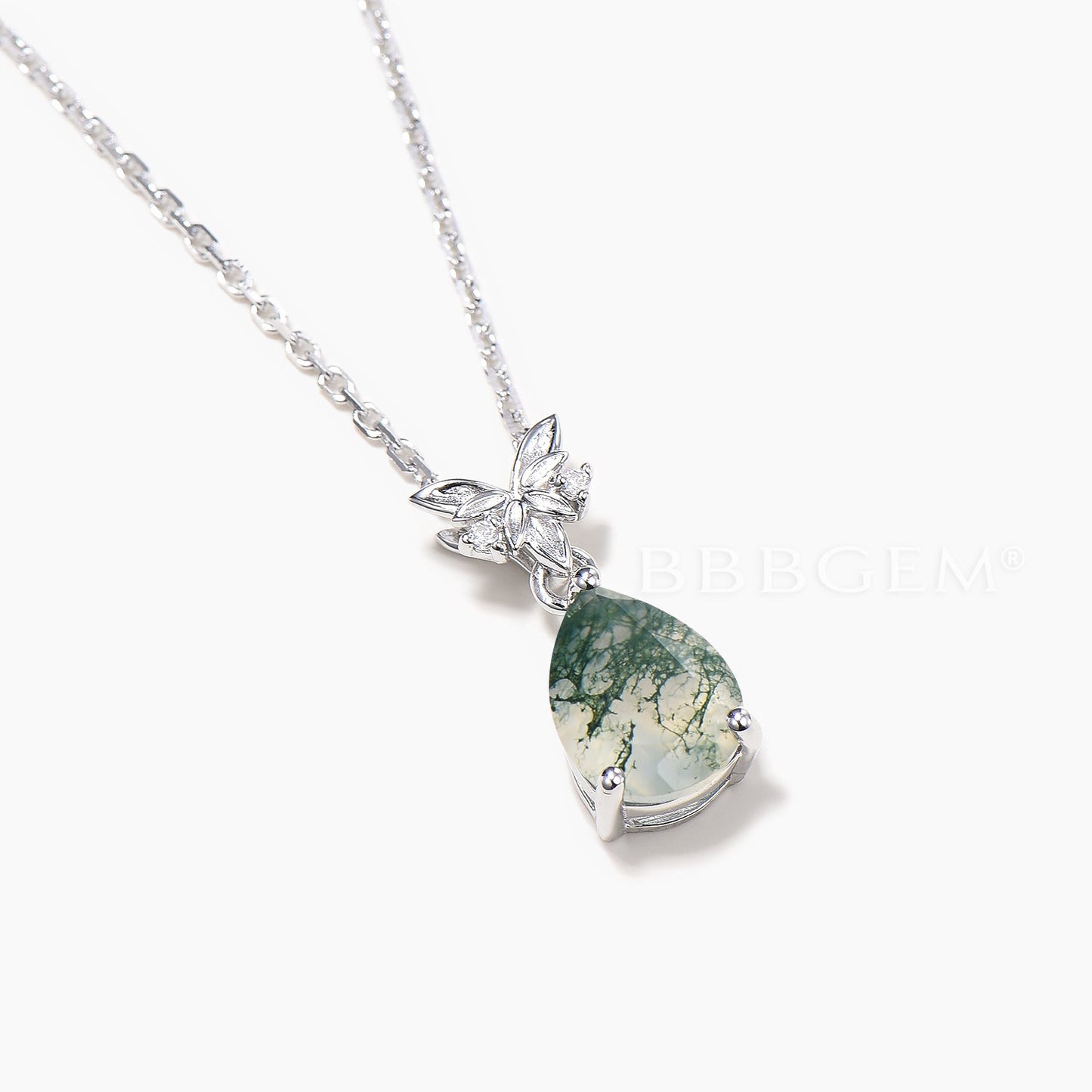 Pear Cut Natural Moss Agate Leaf Necklace Diamond Celtic Knot Three Stone Pendant