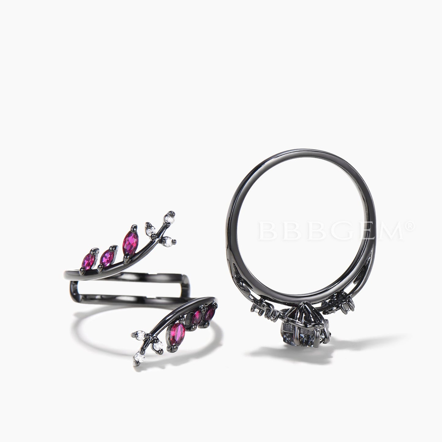 Nature Inspired Bridal Set Kite Cut Salt and Pepper Diamond Ring Ruby Twig Band