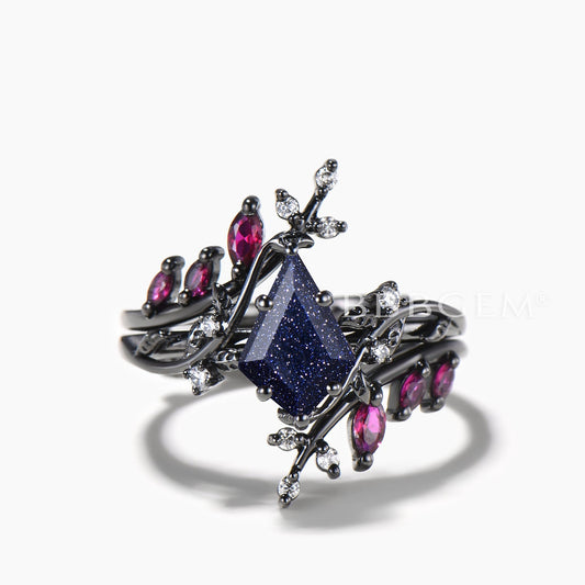 Twig Bridal Set Kite Cut Blue Sandstone Leaf Engagement Ring Ruby Wedding Band