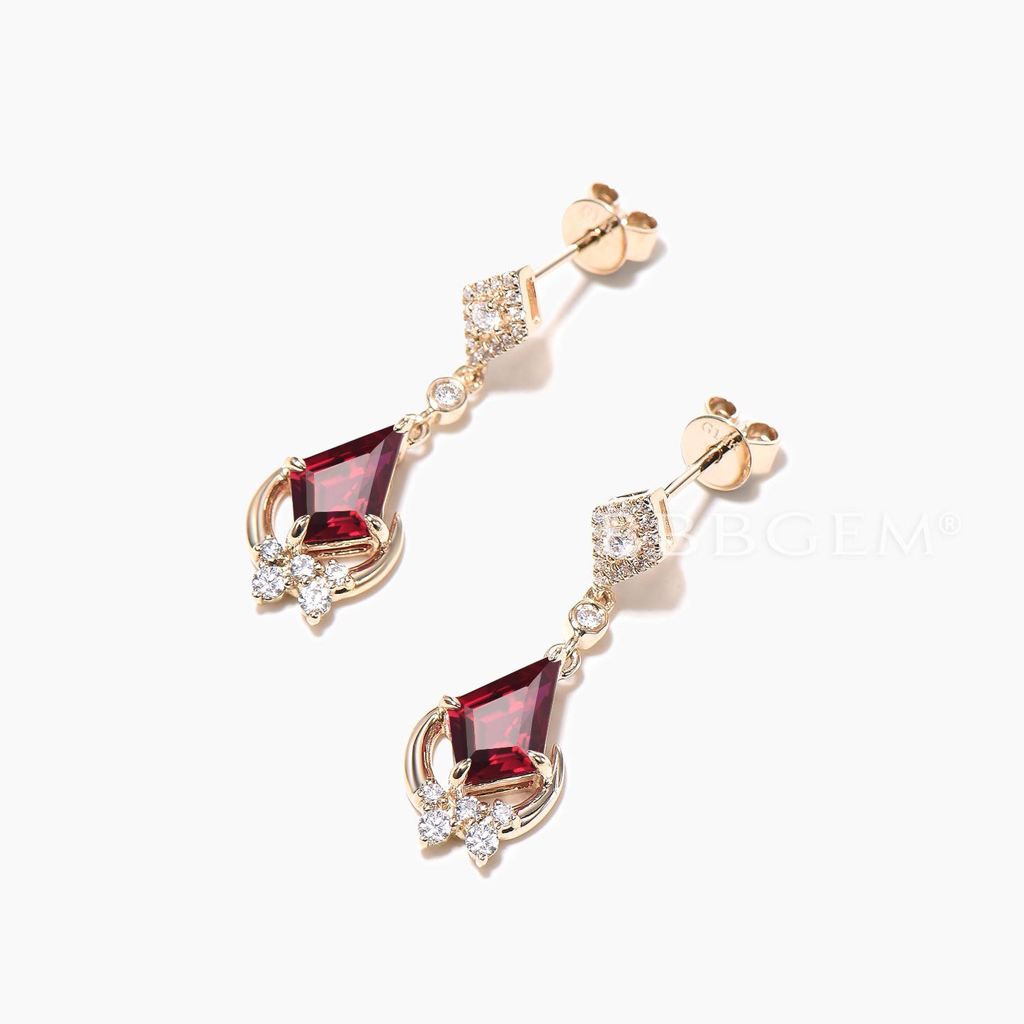 1CT Kite Cut Ruby Drop Earrings Diamond Moon Yellow Gold Celetial Earrings