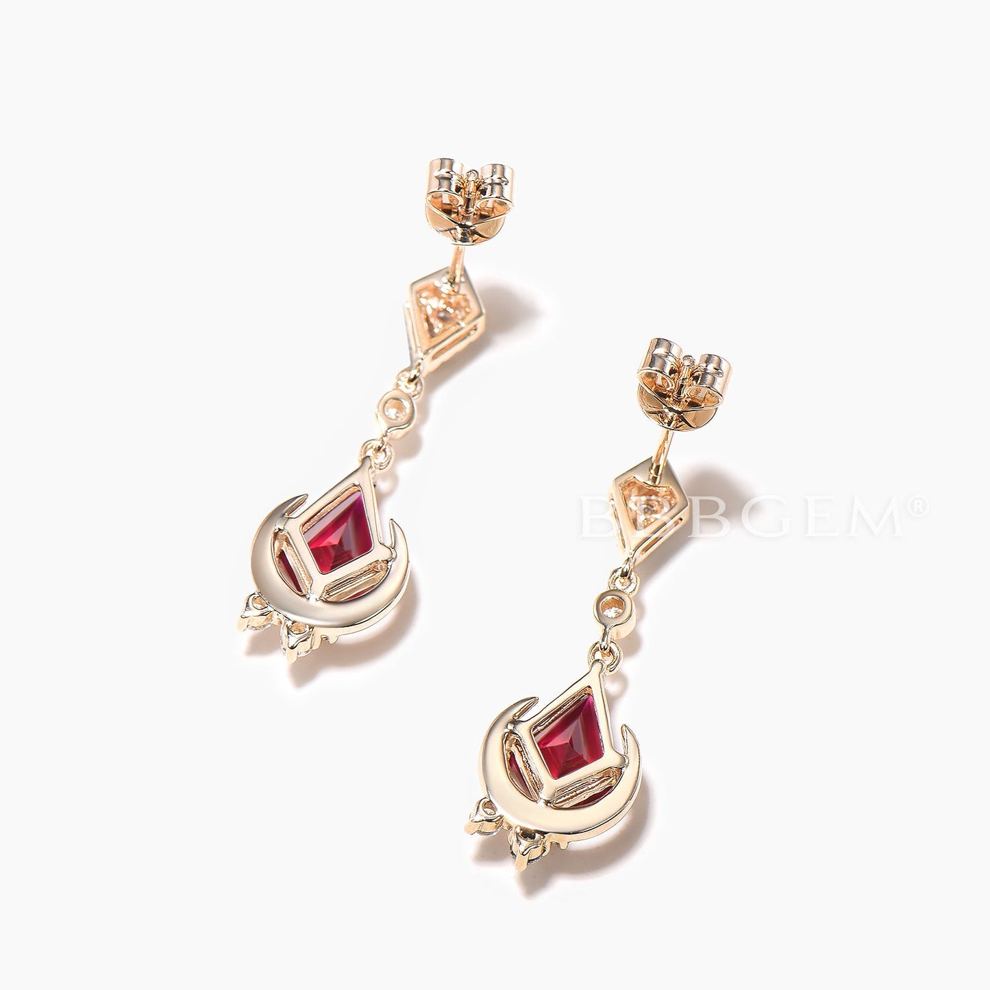 1CT Kite Cut Ruby Drop Earrings Diamond Moon Yellow Gold Celetial Earrings