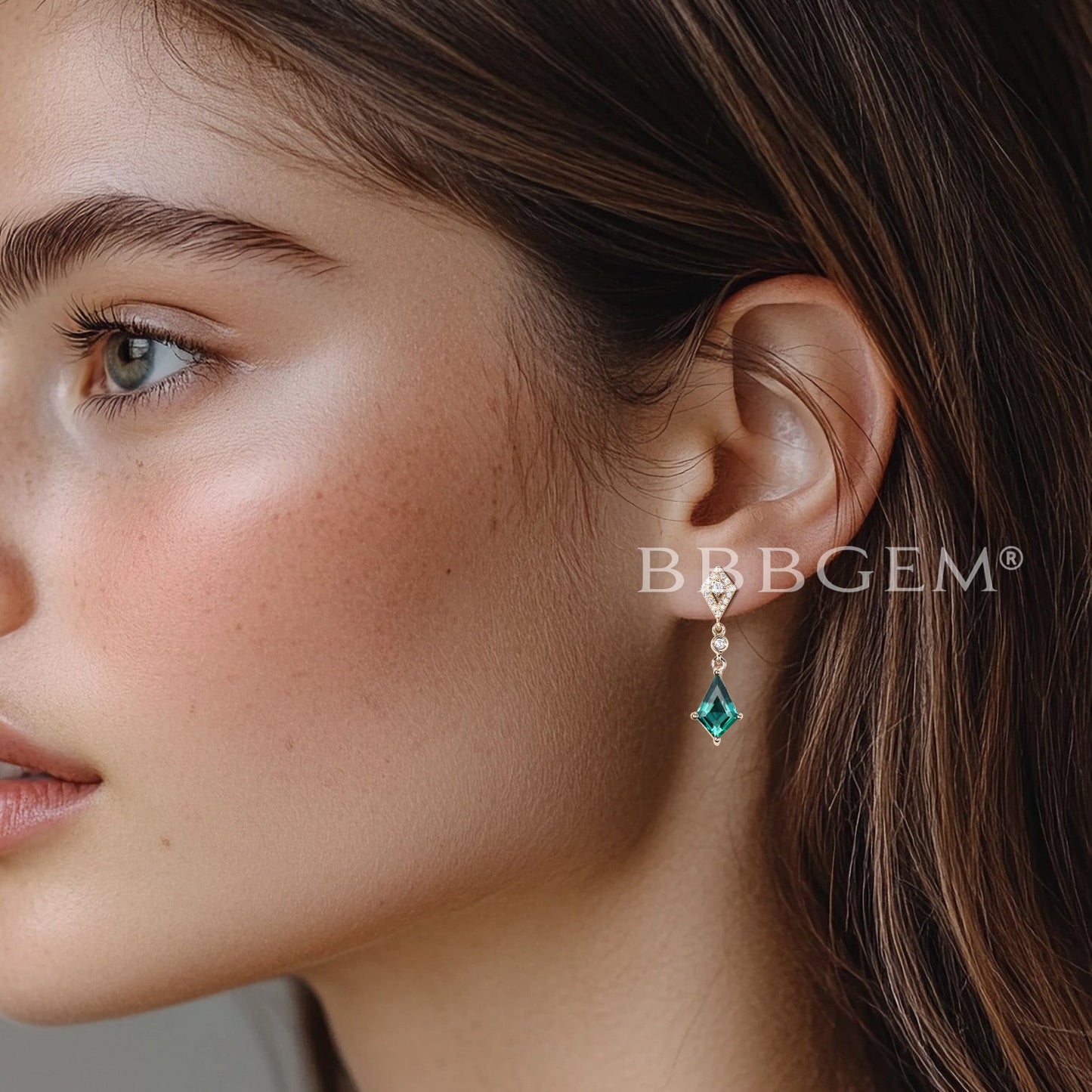 1CT Kite Cut Emerald Drop Earrings Diamond Yellow Gold Earrings