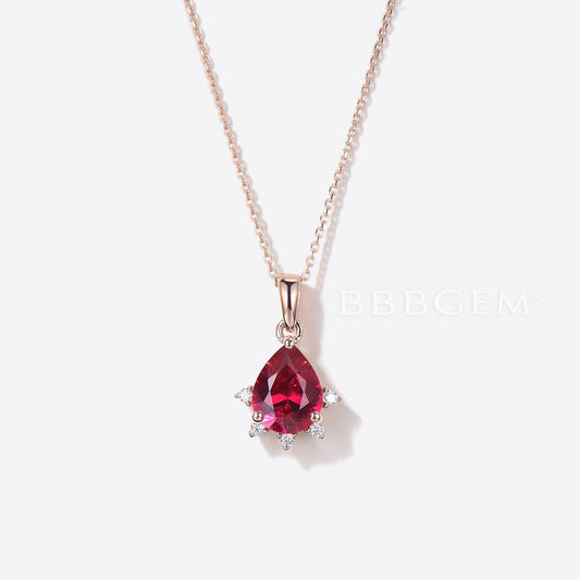 Teardrop Cut Red Ruby Diamond Minimalist Pendant 14K Rose Gold Necklace