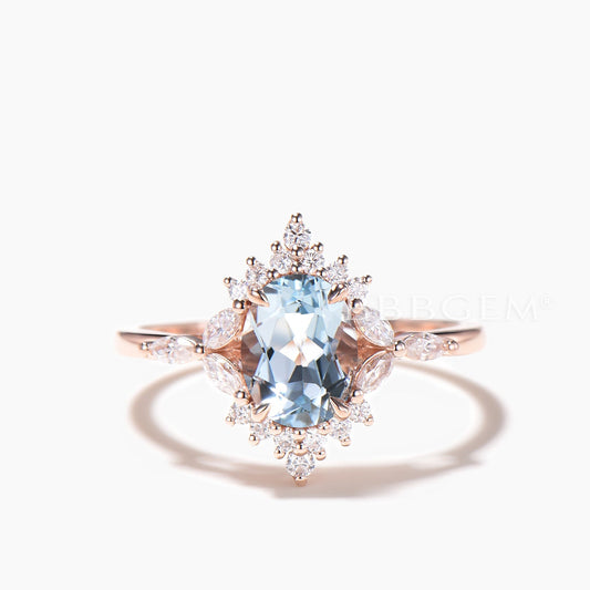 Oval Cut Natural Aquamarine Engagemant Ring Mixed Cut Diamond Halo Ring