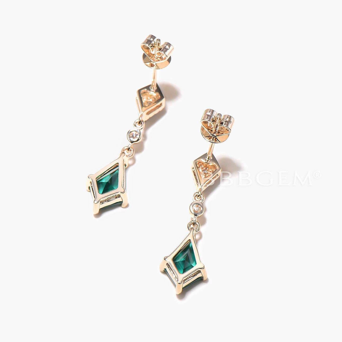 1CT Kite Cut Emerald Drop Earrings Diamond Yellow Gold Earrings