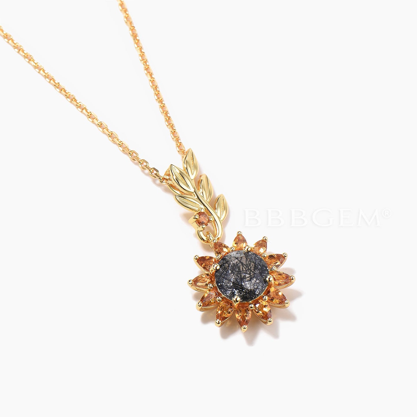 Round Cut Natural Black Rutilated Quartz Leaf Necklace Citrine Halo Sunflower Pendant