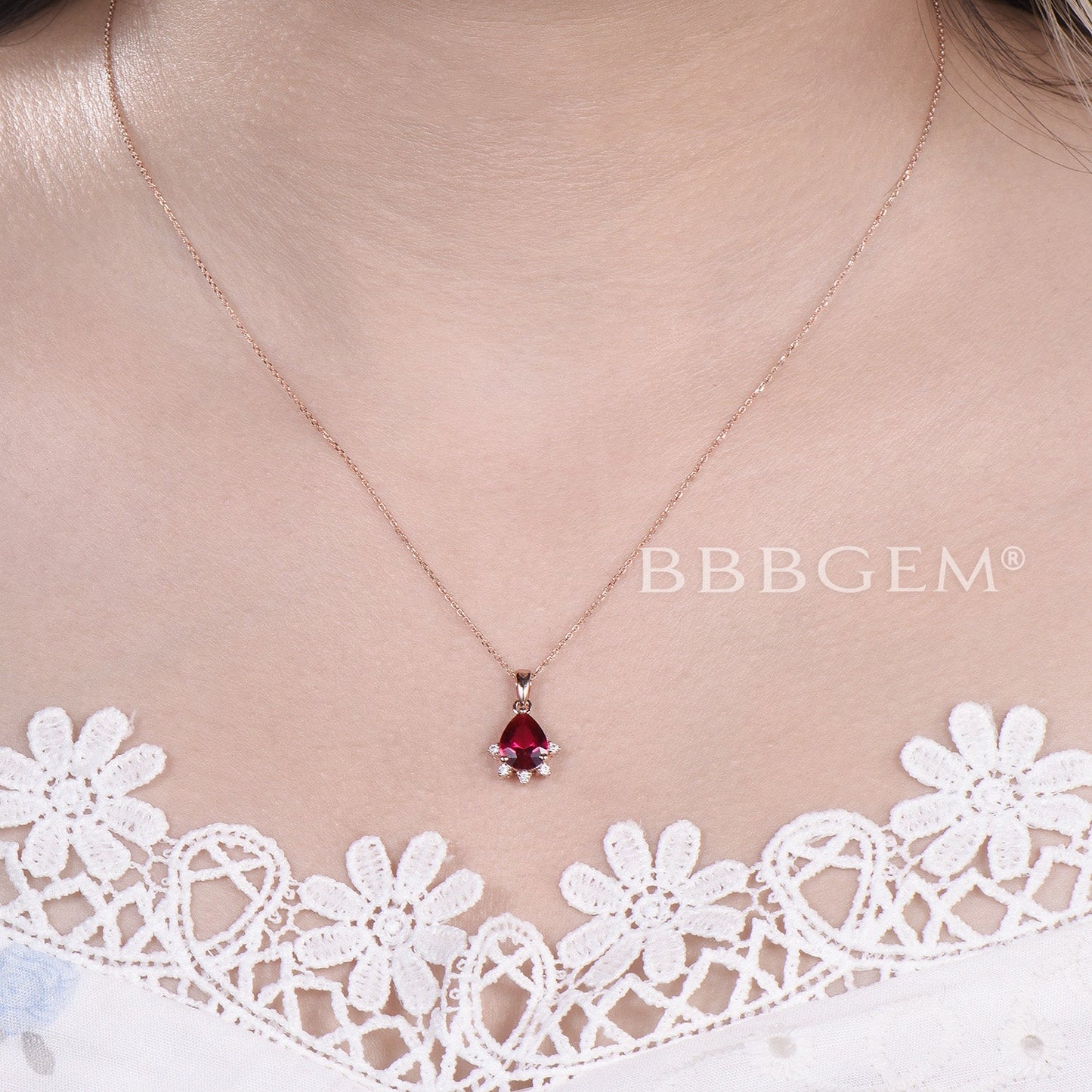 Teardrop Cut Red Ruby Diamond Minimalist Pendant 14K Rose Gold Necklace