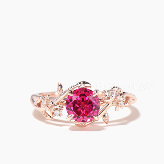 Round Cut Ruby Flower Engagement Ring Diamond Leaf Nature Inspired Ring