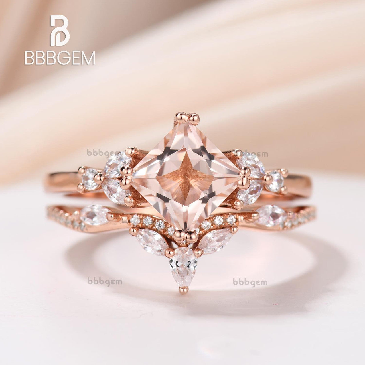 14K Rose Gold Princess Cut Peach Morganite Leaf Marquise Sidestones Engagement Ring Set 