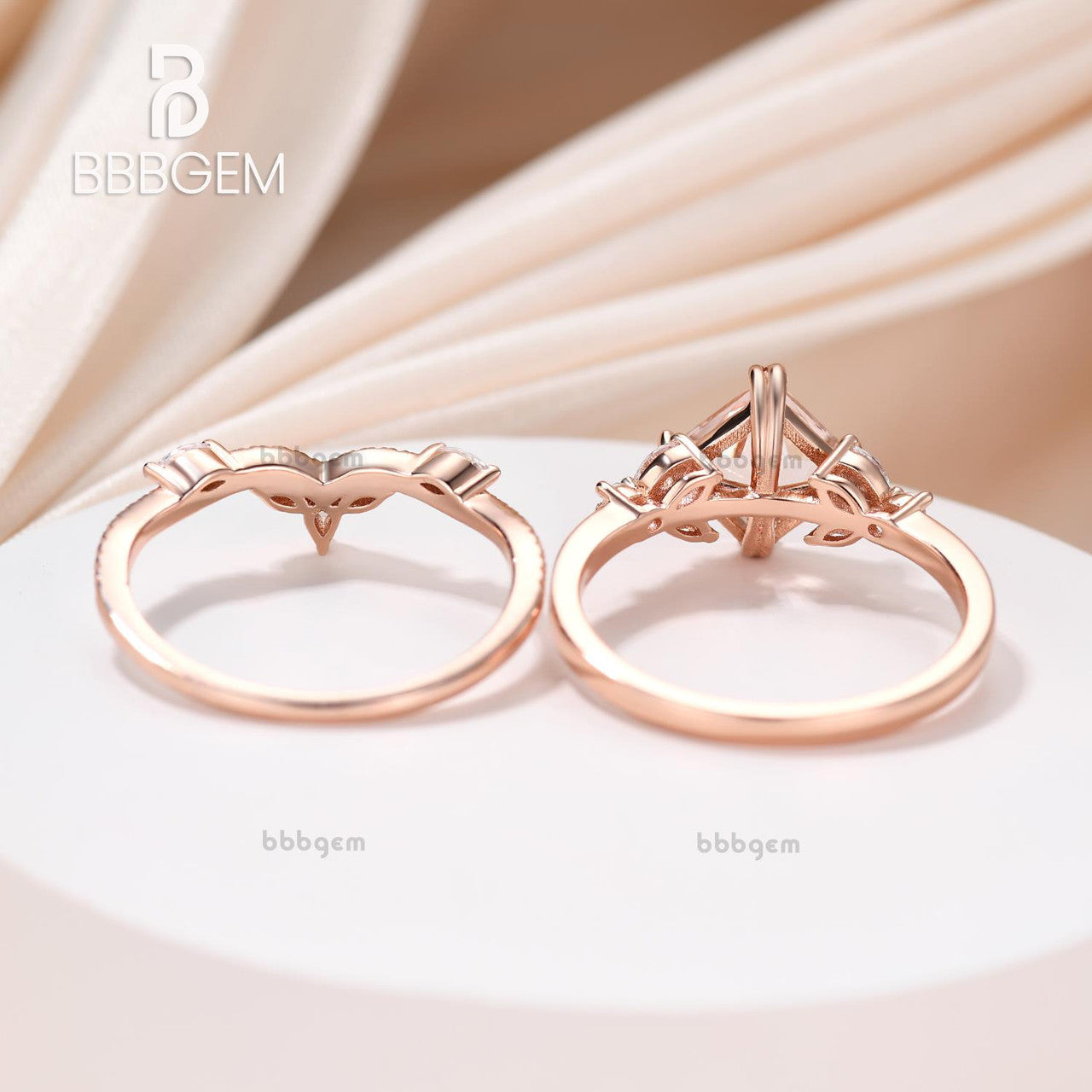 14K Rose Gold Princess Cut Peach Morganite Leaf Marquise Sidestones Engagement Ring Set 