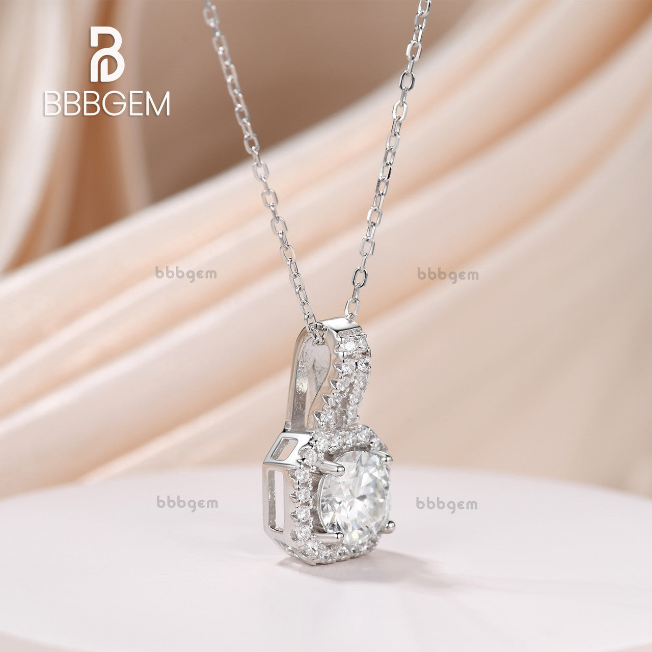 14K White Gold Pav?¡ì| Halo Solitaire Asscher Shape Round Cut Moissanite Dangling Drop Pendant Necklace Women's Gift