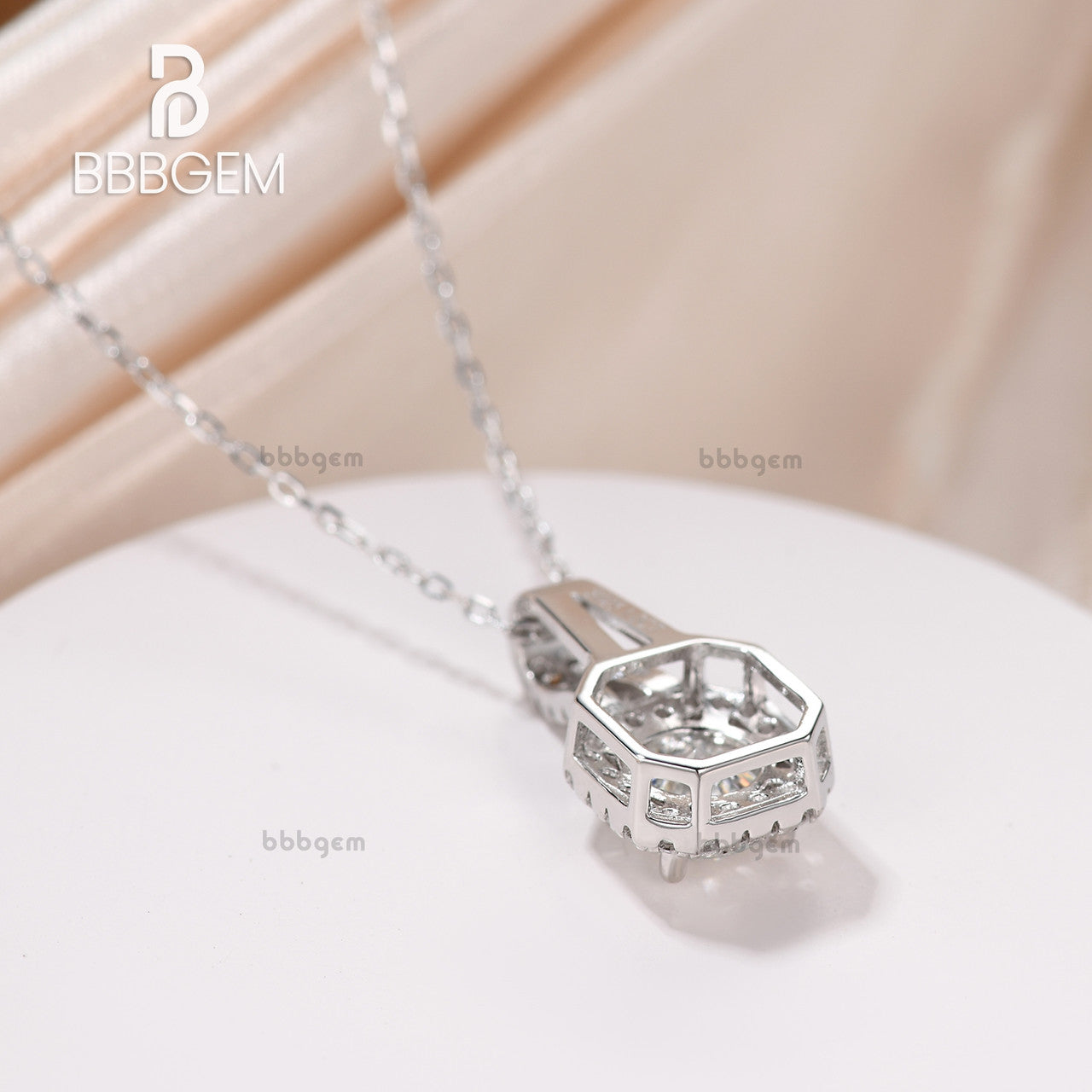 14K White Gold Pav?¡ì| Halo Solitaire Asscher Shape Round Cut Moissanite Dangling Drop Pendant Necklace Women's Gift