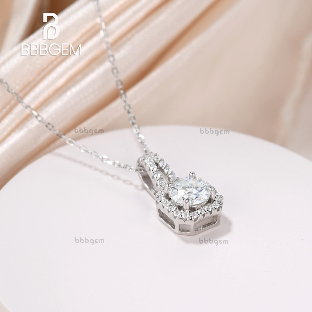 14K White Gold Pav?¡ì| Halo Solitaire Asscher Shape Round Cut Moissanite Dangling Drop Pendant Necklace Women's Gift