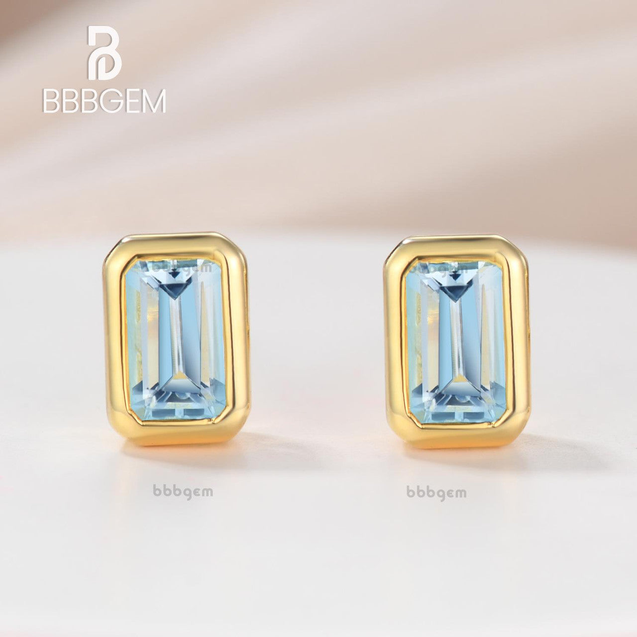 14K yellow gold 5x3mm emerald cut aquamarine Bezel-Set Earrings 