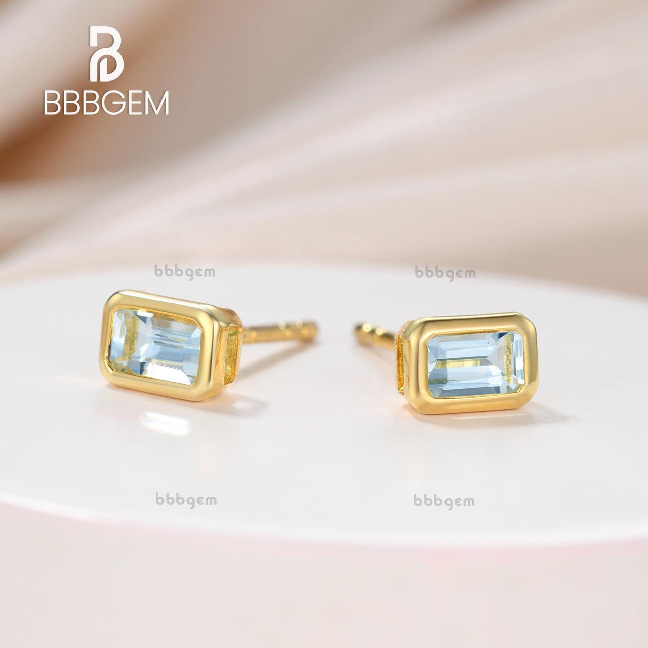 14K yellow gold 5x3mm emerald cut aquamarine Bezel-Set Earrings 