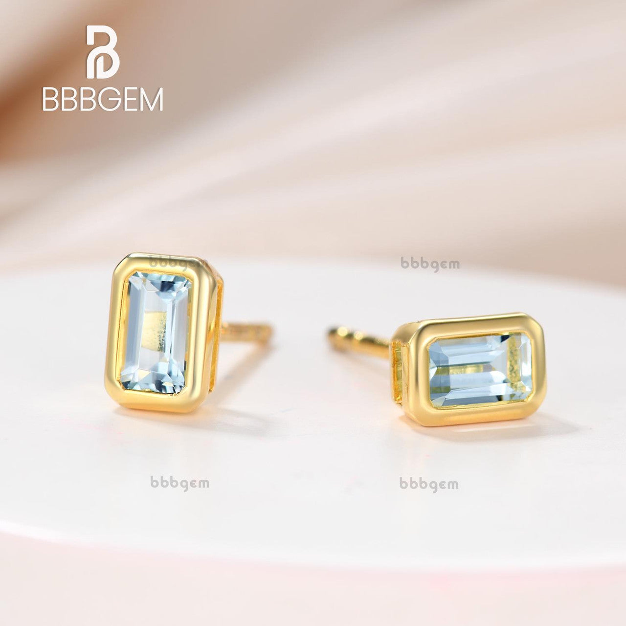 14K yellow gold 5x3mm emerald cut aquamarine Bezel-Set Earrings 