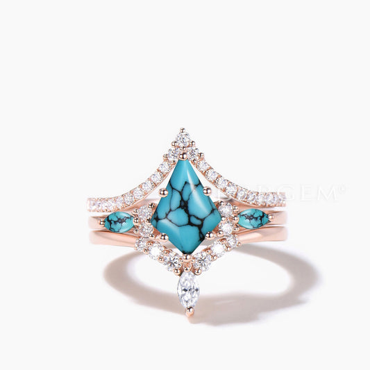 3PC Ring Set 1CT Kite Cut Turquoise Engagement Ring Diamond Curved Band