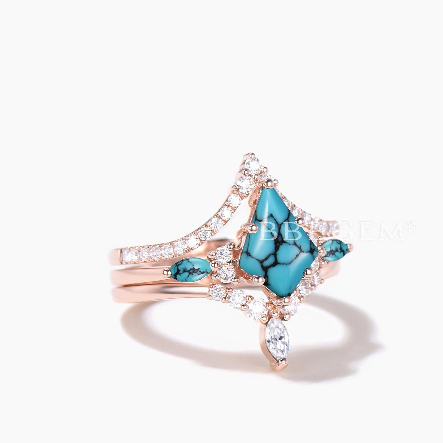 3PC Ring Set 1CT Kite Cut Turquoise Engagement Ring Diamond Curved Band