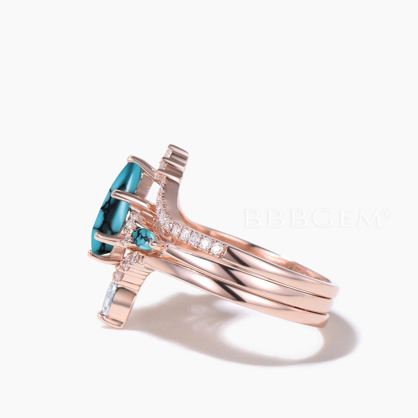 3PC Ring Set 1CT Kite Cut Turquoise Engagement Ring Diamond Curved Band