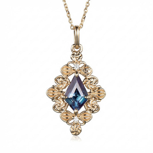 Kite Cut Alexandrite Necklace 14k Rose Gold Color Changing Pendant, June Birthstone Gift for Her