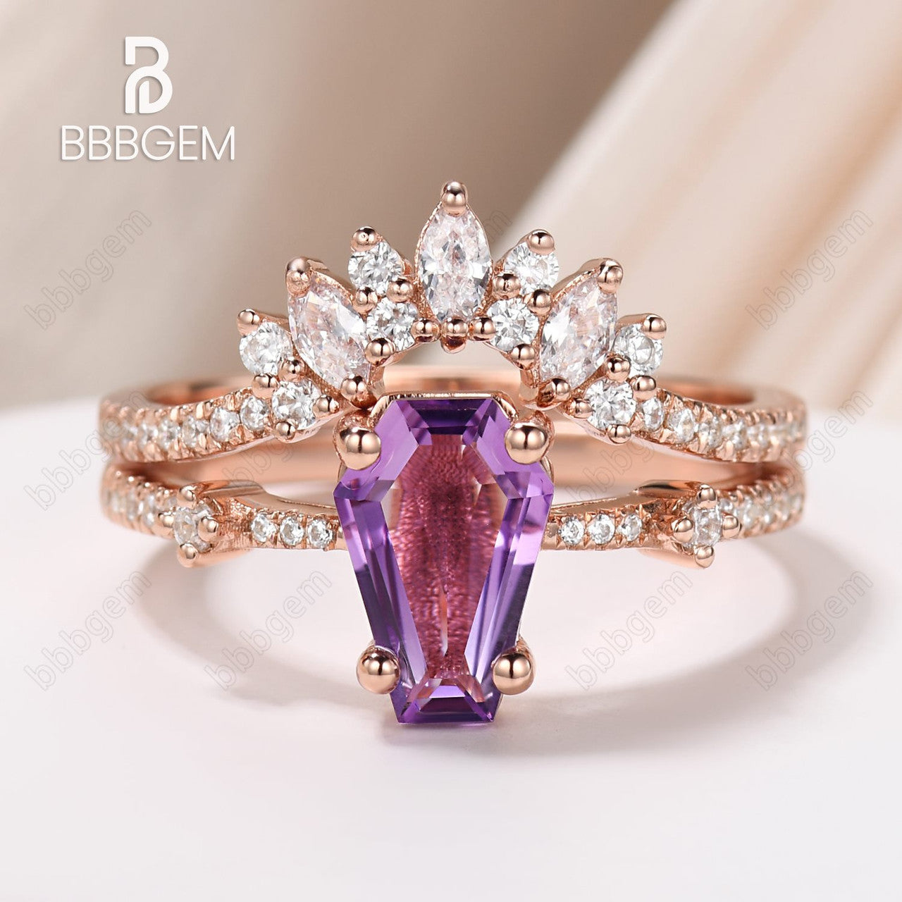 Purple coffin ring set-cofiin crystal ring-rose gold amethyst cuffin cut ring set