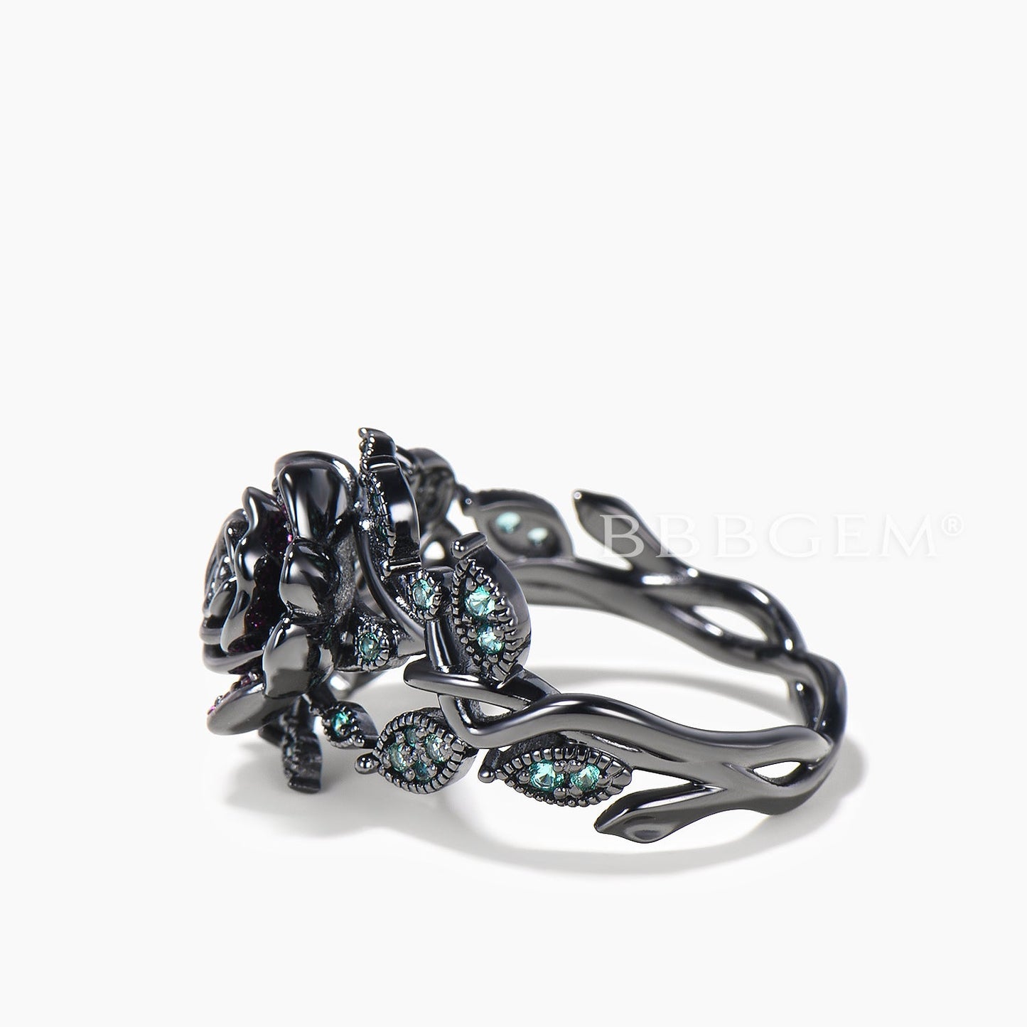 Black Gold Flower Ring Ruby Emerald Nature Inspired Twisted Engagement Ring