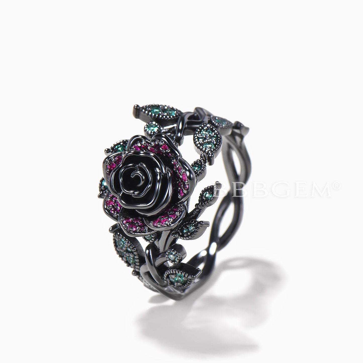 Black Gold Flower Ring Ruby Emerald Nature Inspired Twisted Engagement Ring