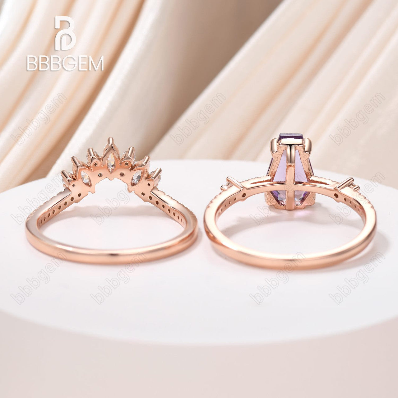 Purple coffin ring set-cofiin crystal ring-rose gold amethyst cuffin cut ring set