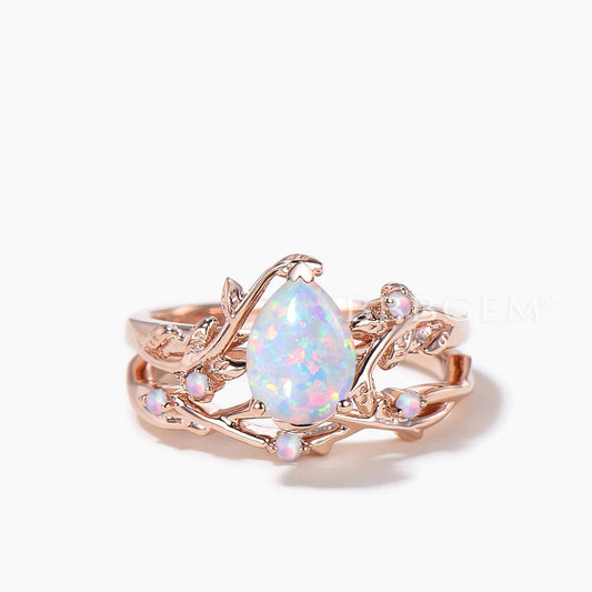 Opal Nature Inspired Bridal Set 1.25CT Teardrop Cut Opal Leaf Engagement Ring