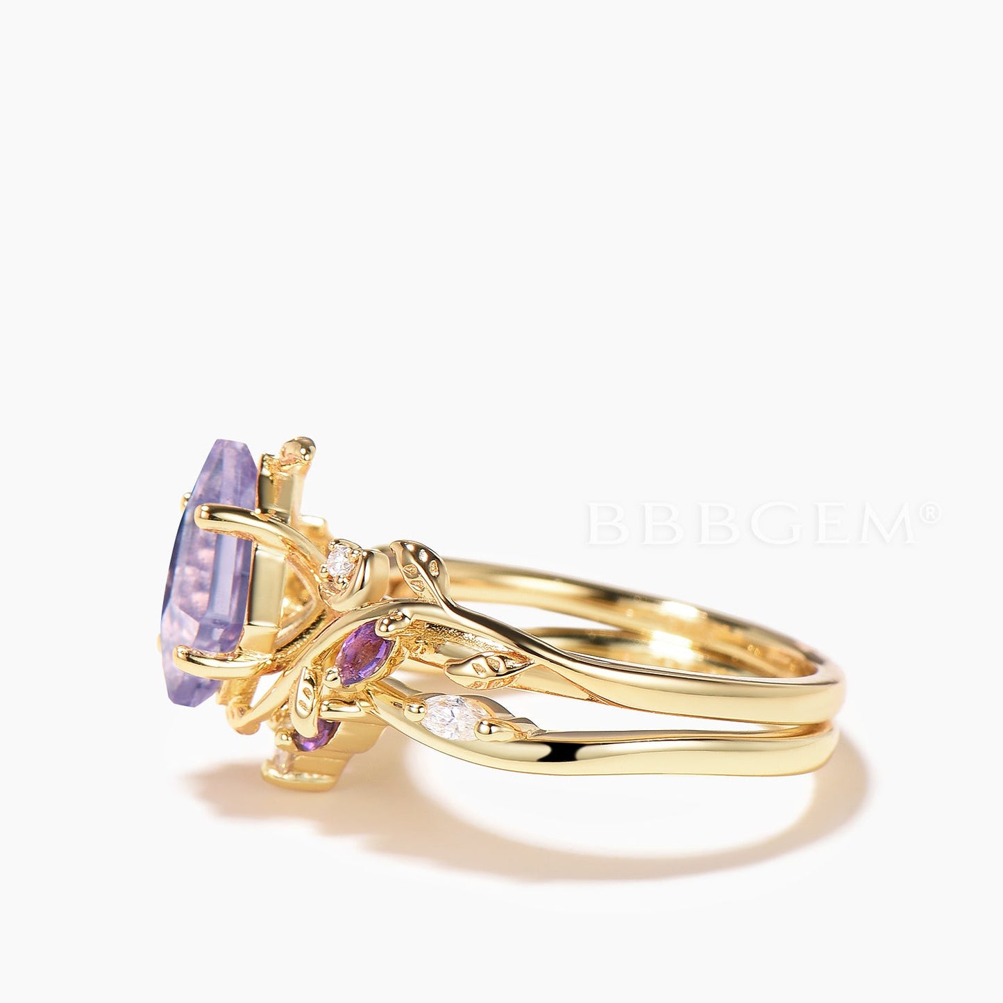 Amethyst Ring Set Kite Cut Natural Lavender Amethyst Leaf Engagement Ring