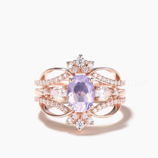 Oval Cut Natural Lavender Amethyst Ring Moissanite Nesting Band Enhancer Ring Set