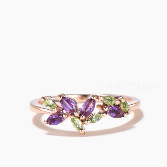Marquise Cut Natural Amethyst Wedding Band Peridot Cluster Rose Gold Ring