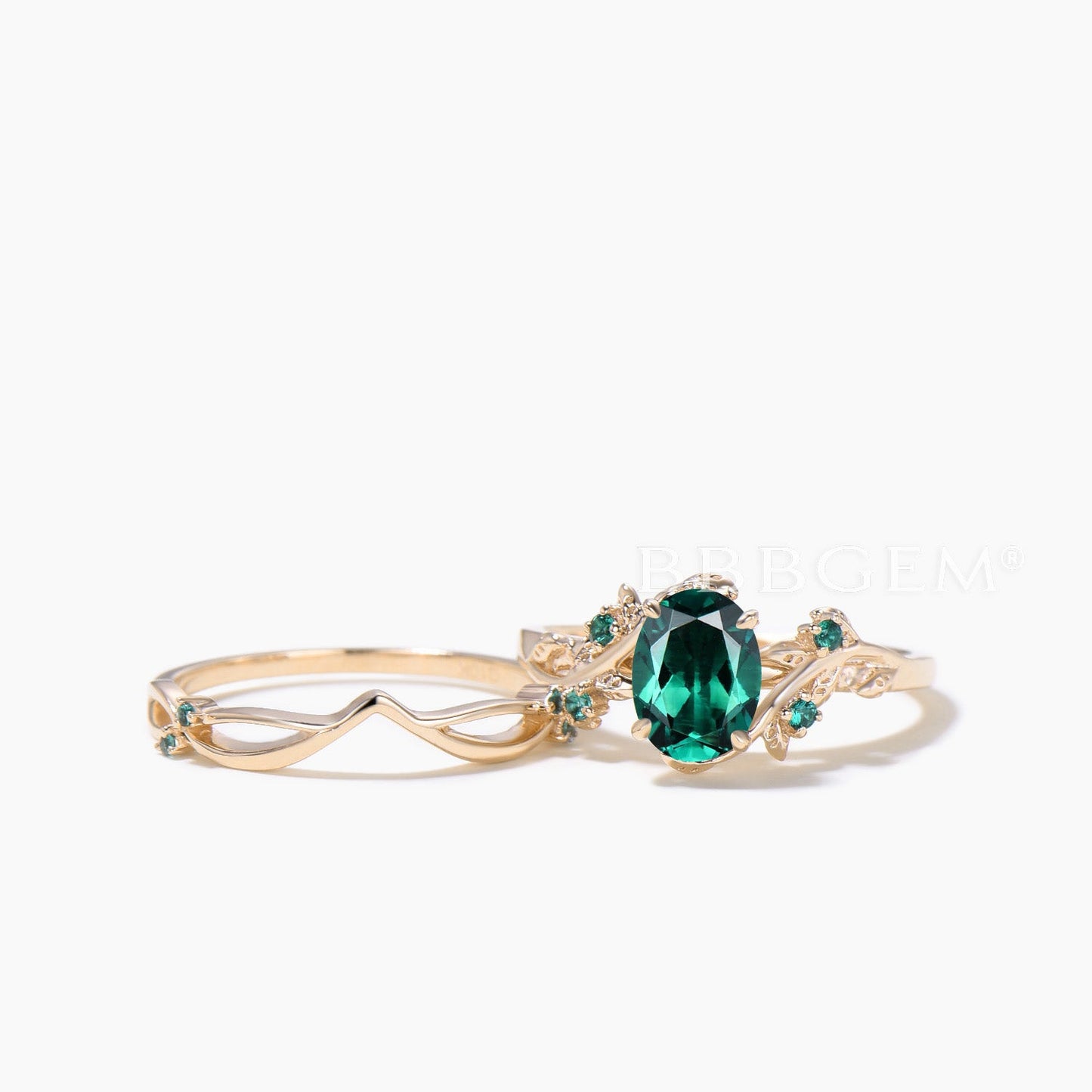 Emerald Nature Inspired Bridal Set 1.5CT Oval Cut Emerald Leaf Engagement Ring