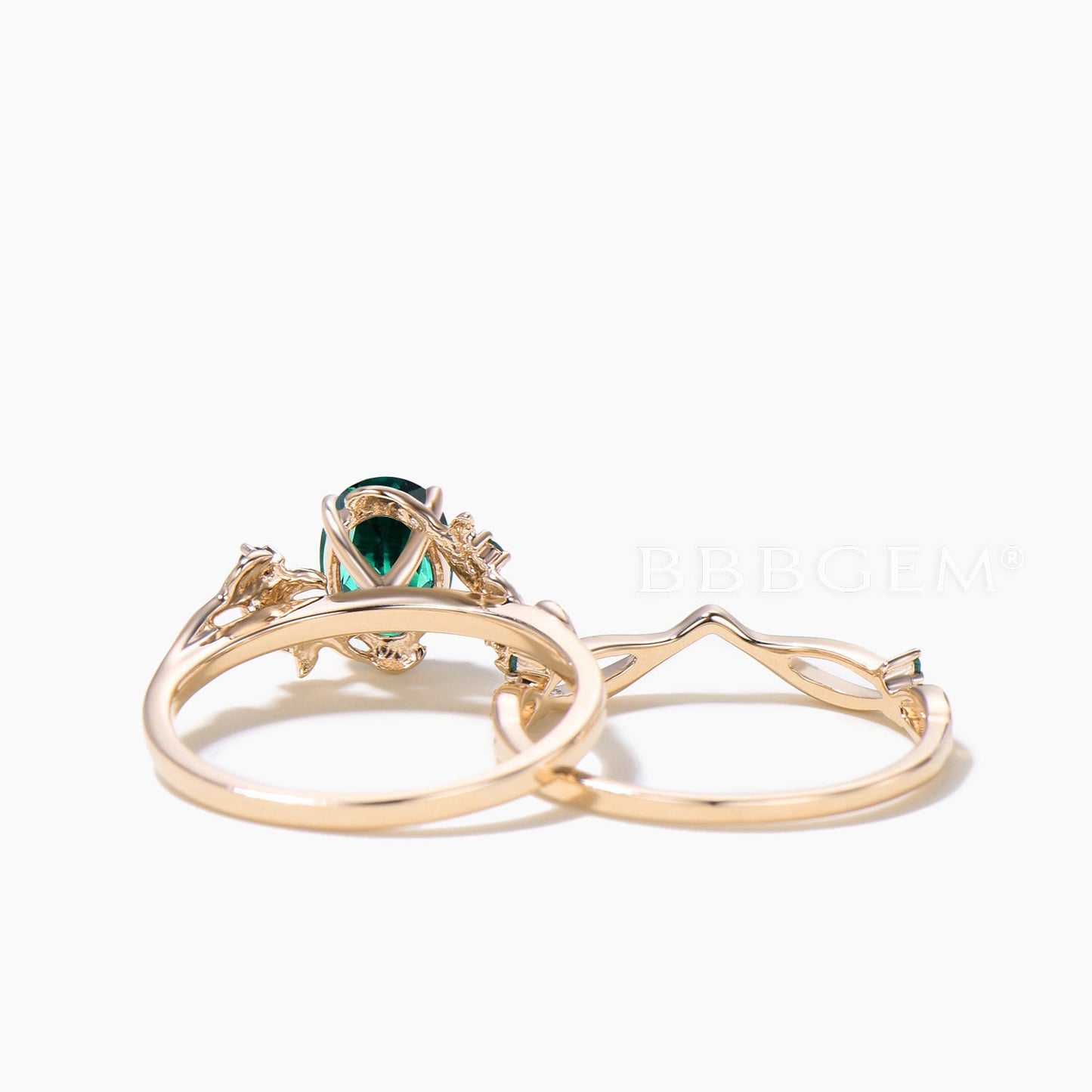 Emerald Nature Inspired Bridal Set 1.5CT Oval Cut Emerald Leaf Engagement Ring