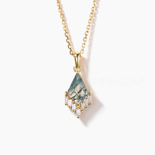 Kite Cut Natural Moss Agate Necklace Baguette Moissanite Wedding Pendant