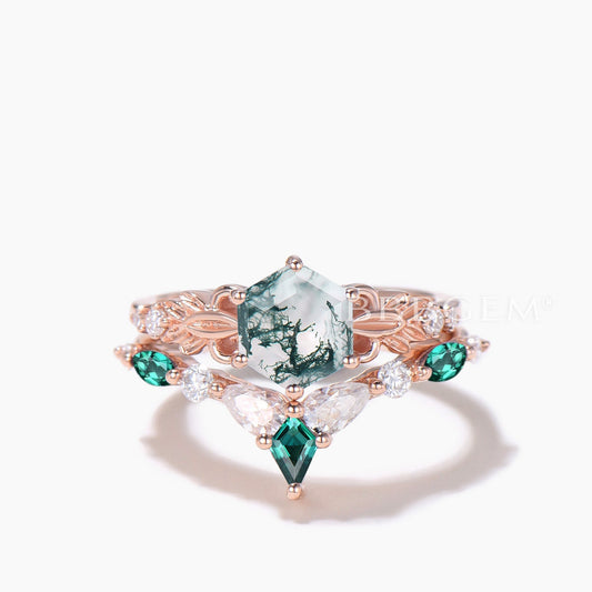 Hexagon Cut Natural Moss Agate Engagement Ring Moissanite Emerald Bridal Set