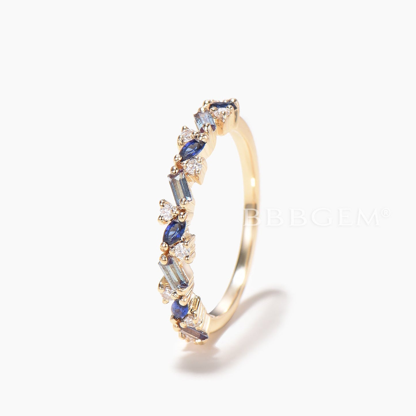 Mixed Cut Aquamarine Sapphire Diamond Wedding Ring Half Eternity Band