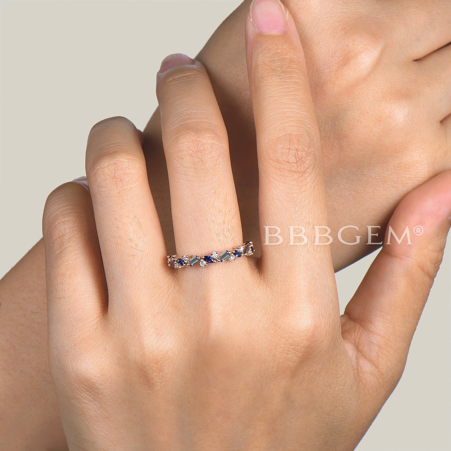 Mixed Cut Aquamarine Sapphire Diamond Wedding Ring Half Eternity Band