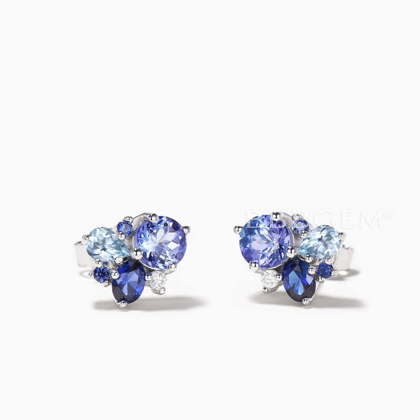 Round Cut Natural Tanzanite Stud Earrings Aquamarine Sapphire Cluster Earrings
