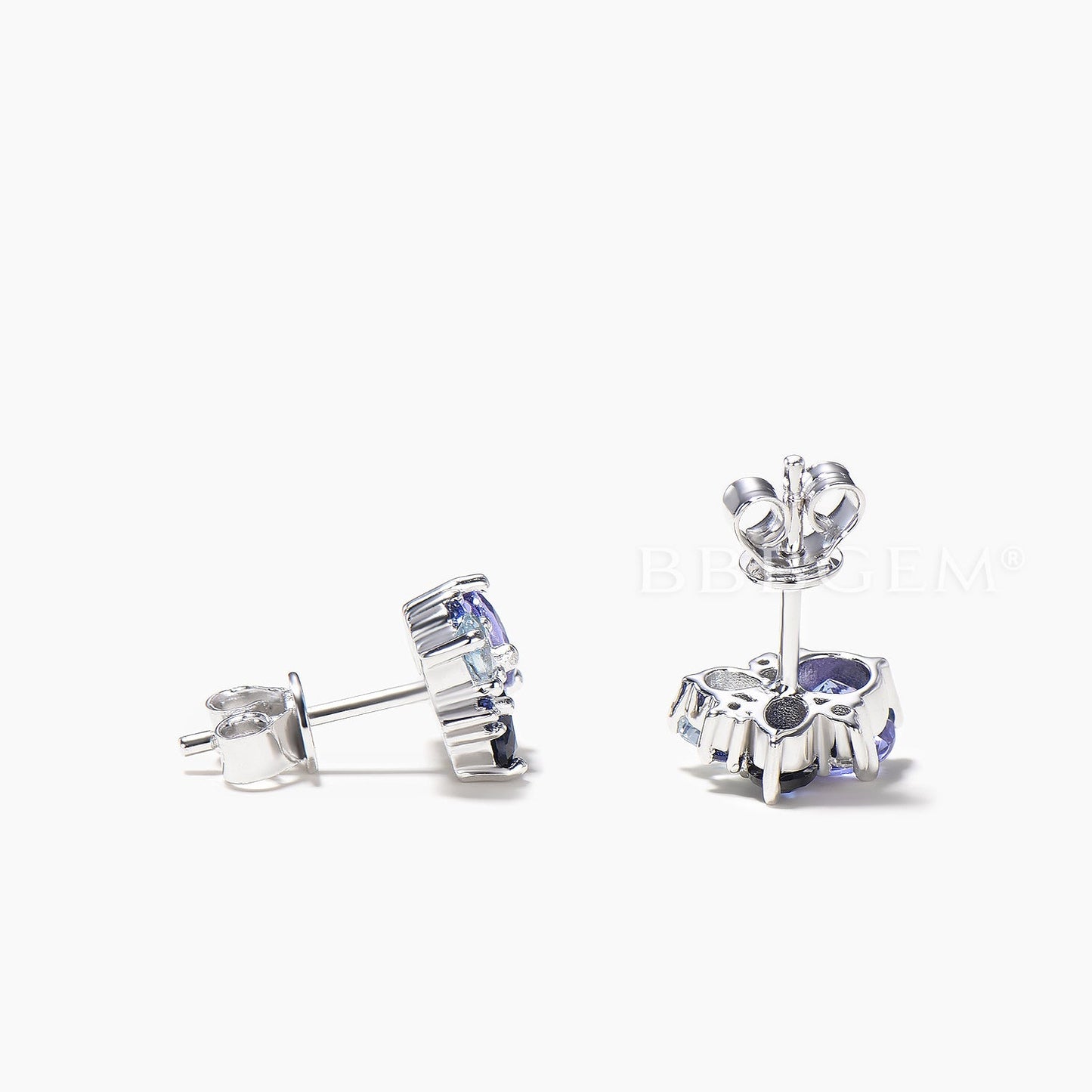 Round Cut Natural Tanzanite Stud Earrings Aquamarine Sapphire Cluster Earrings