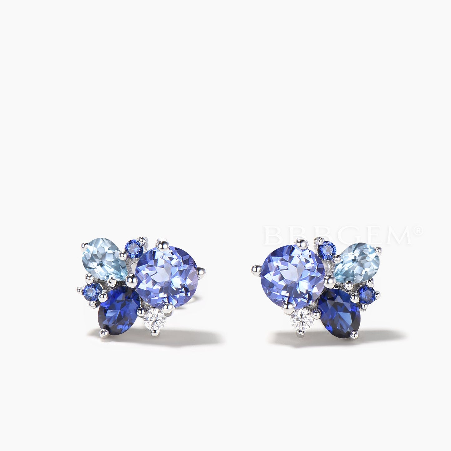 Round Cut Natural Tanzanite Stud Earrings Aquamarine Sapphire Cluster Earrings
