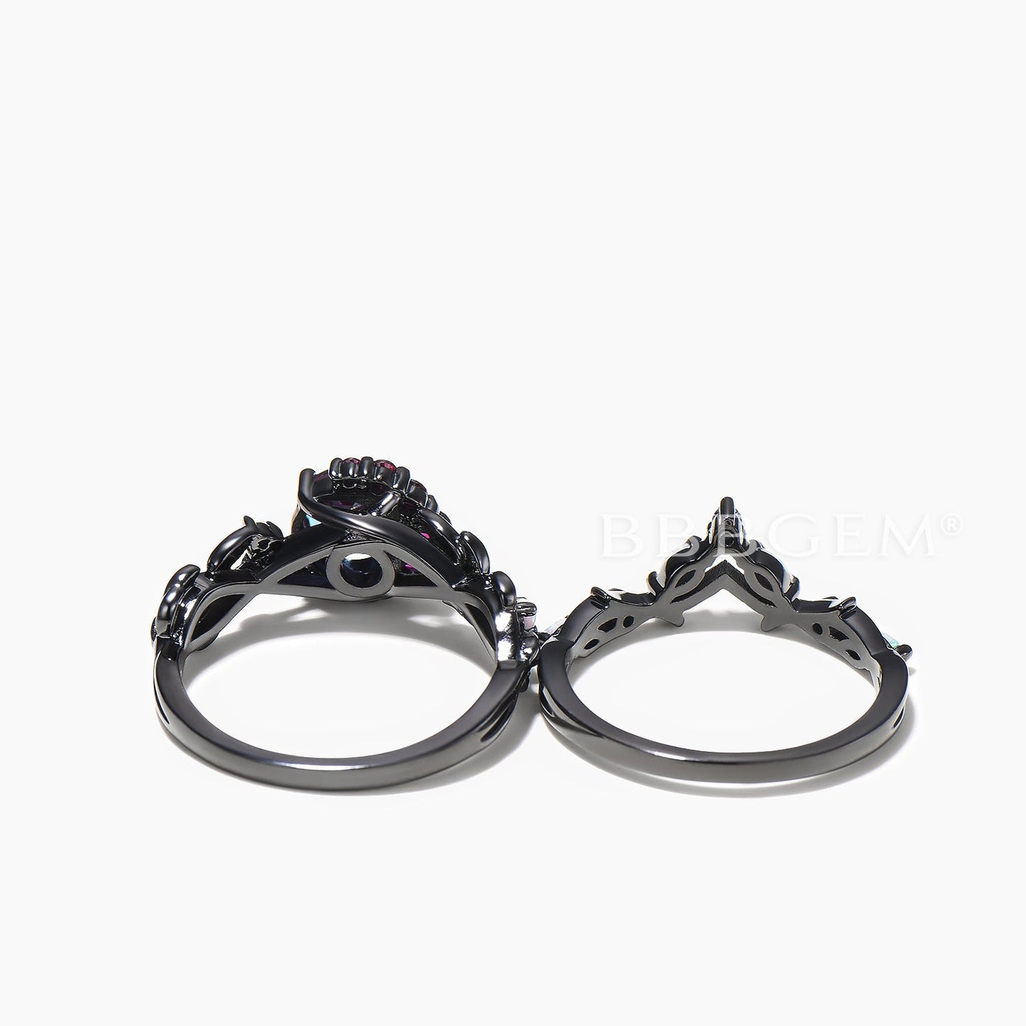 Round Cut Color-change Alexandrite Ruby Moon Ring Opal Celetial Bridal Set