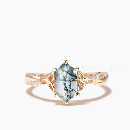 Hexagon Cut Natural Moss Agate Celtic Knot Wedding Ring Diamond Twisted Ring