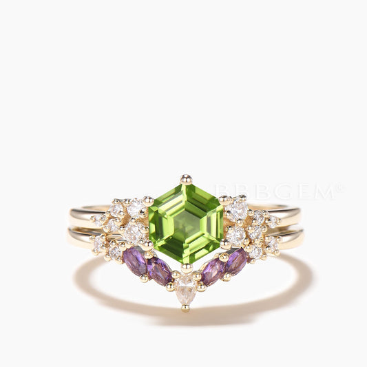 Hexagon Cut Natural Peridot Engagement Ring Moissanite Amethyst Bridal Set